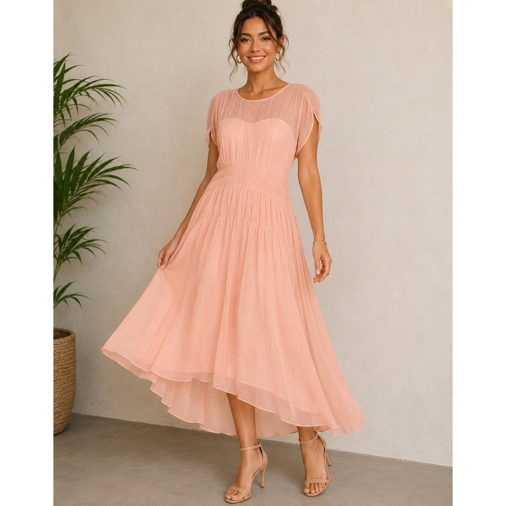 AYR Peach Silk Cotton Blend Pleated Midi Dress Womens Large Sheer Yoke Lined
